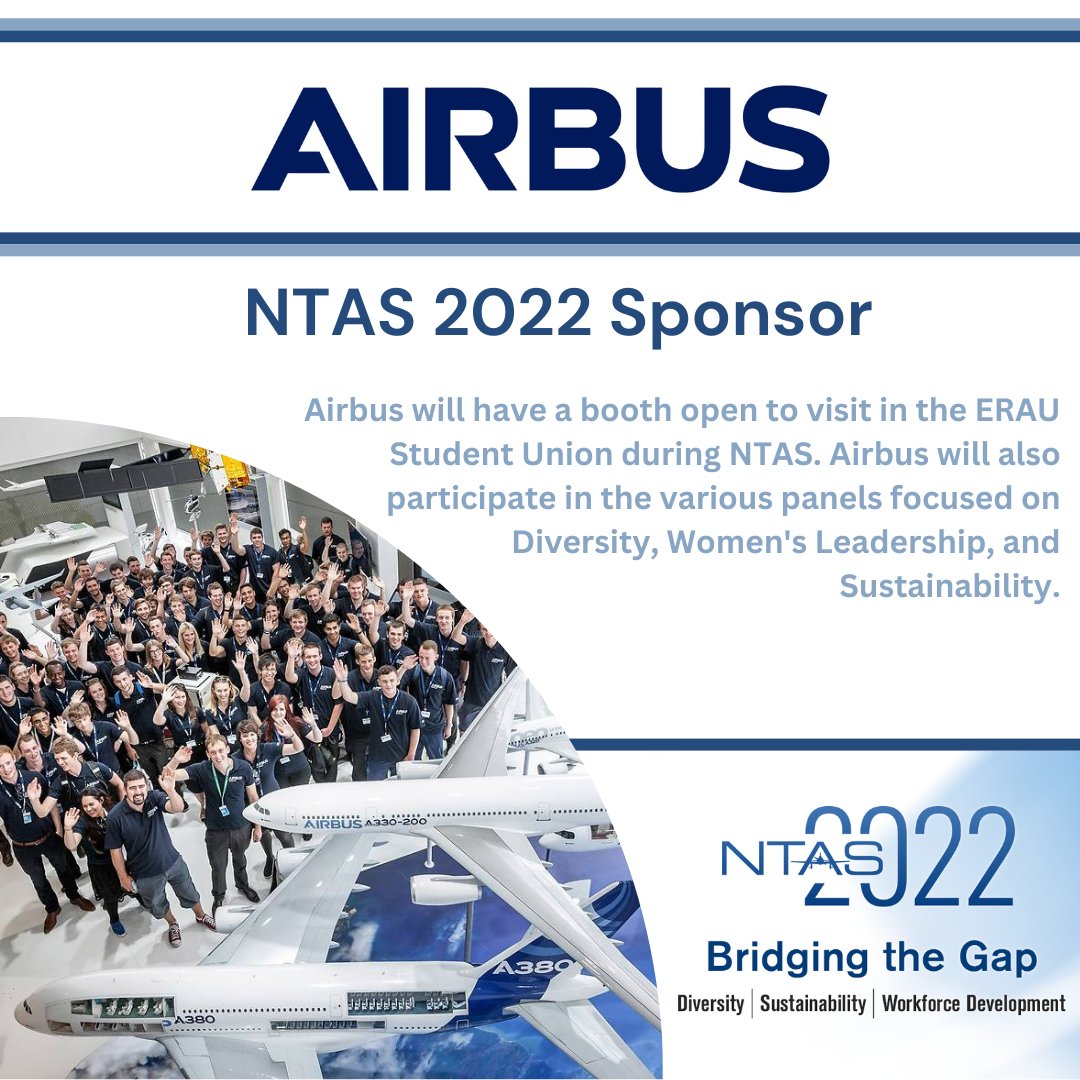 In honor of NTAS beginning next week, we would like to highlight one of our generous sponsors, Airbus! 

Please welcome Airbus to NTAS 2022 by visiting the Airbus booth located in the Student Union and by attending the NTAS panels! 🦅✈️ 

#NTAS2022