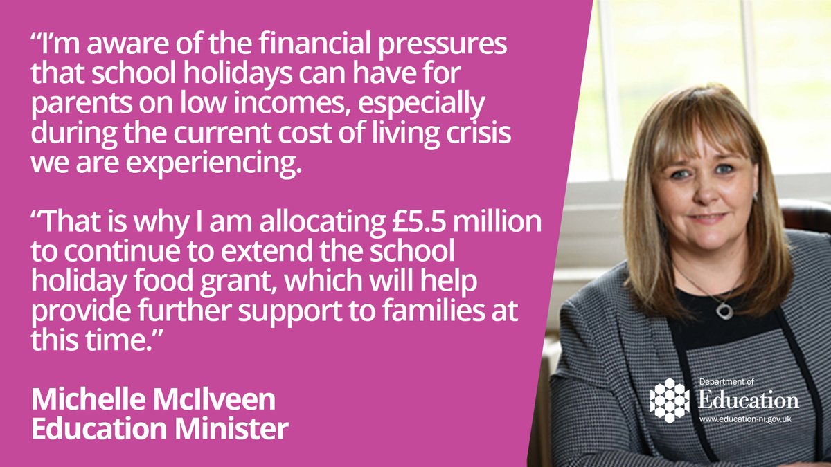 Education_NI's tweet photo. Education Minister @MMcIlveenDUP has announced £5.5 million for a school holiday food grant until March 2023.

More ➡️ https://t.co/n1cdMz810t https://t.co/2M4VlnySpP