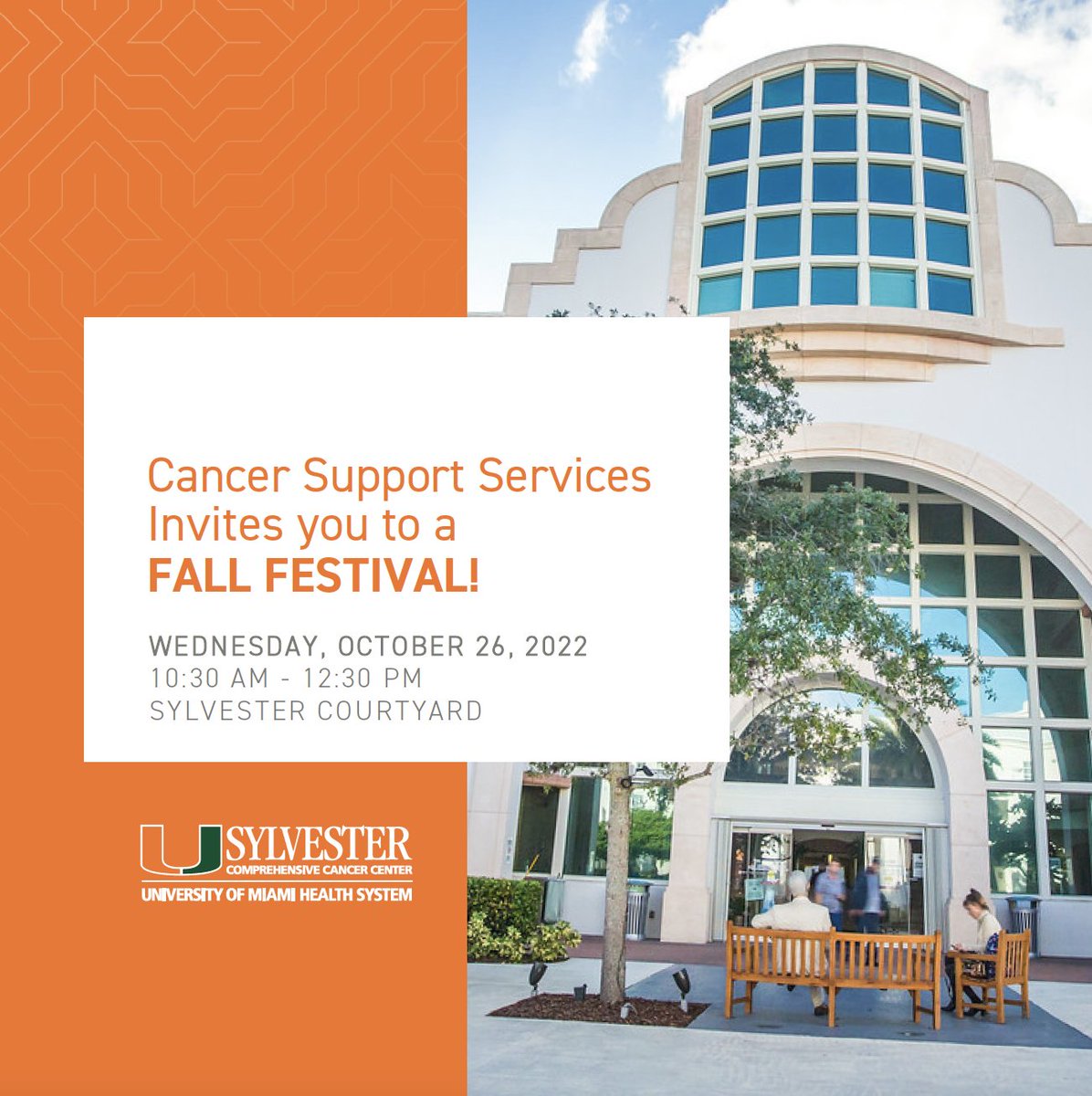 Join our #Cancer Support Services team for their #Fall Festival! 🎃 This event is open to everyone and will include: 🍂 Live #music 🍂 Interactive #art therapy 🍂 Nutrition activities We look forward to seeing you there!