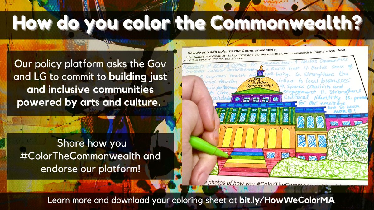 NEMAnet's tweet photo. The #CTVMA2022 policy platform asks the Massachusetts Gov and LG to commit to building just and inclusive communities powered by arts and culture. Share how you #ColorTheCommonwealth and endorse our platform https://t.co/5fGEK8vsqh #mapoli #CreateTheVoteMA https://t.co/GztOPmEr3M