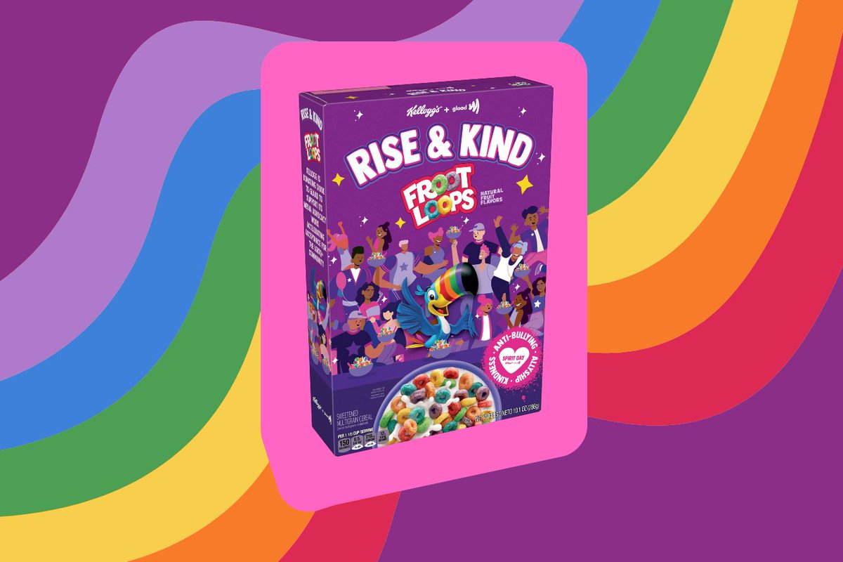 Pick-up your limited-edition Rise & Kind box of Froot Loops and show your support by wearing purple for #SpiritDay. This collector’s edition will be available to purchase on kelloggstore.com/rise-and-kind-… for $9.99 a box. This cereal will directly support GLAAD with a $100K donation.