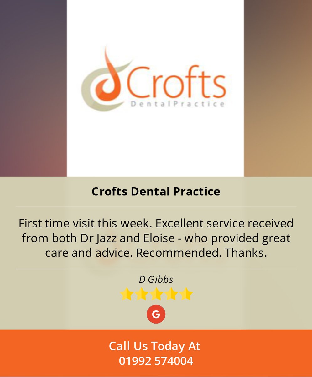 CroftsDental's tweet photo. 5 Star: D G. "First time visit this week. Excellent service received from both Dr Jazz and Eloise - who..." https://t.co/xUWghNyGcS https://t.co/rpKLEYtDjl