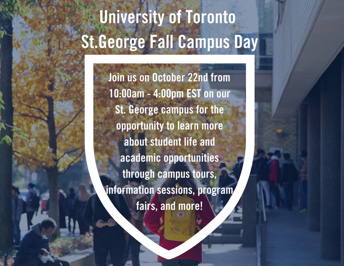 Fall Campus Day open house at U of T St. George is your best opportunity to explore our downtown campus. Join us this Saturday, October 22nd to see what U of T has in store for YOU! Register here:future.utoronto.ca/visit/events/f… #UofT #UofTFCD