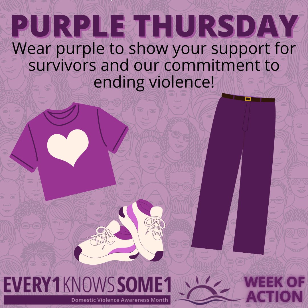 Purple is the color of domestic violence awareness and it ties together survivors and advocates across the country in our work to end abuse. 💜 Join us and share a #PurpleThursday selfie today!
#DVAM #Every1KnowsSome1 #GiveForDV #DVawareness #DVAM2022