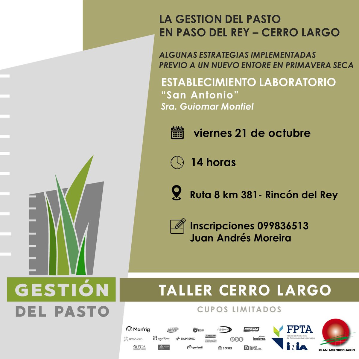 ¡Mañana!
#Viernes🗓️21/10⏰14hs📍Rincón del Rey,Cerro Largo

Taller"Algunas estrategias implementadas previo a un nuevo entore en primavera seca"

En Establecimiento Laboratorio #GestiónDelPasto "San Antonio", Guiomar Montiel
<a href="/moreirajuanand1/">Juan Andrés Moreira</a> #FPTA <a href="/INIA_UY/">INIA URUGUAY</a> #PlanAgro
✍️📱👇