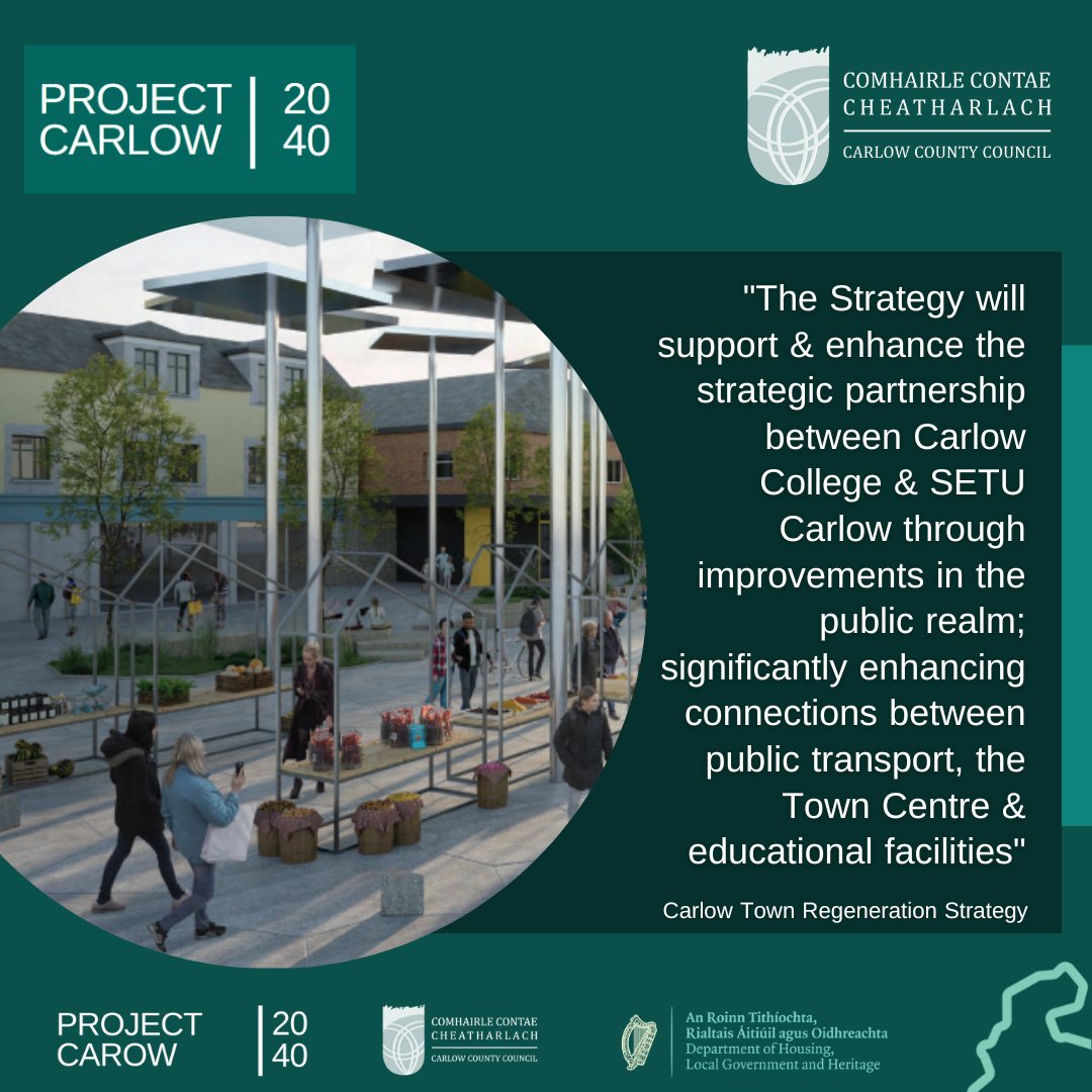 Carlow2040's tweet photo. The Strategy will support &amp; enhance the strategic partnership between @CarlowCollege &amp; @itcarlow  through improvements in the public realm; significantly enhancing connections between public transport, the Town Centre &amp; educational facilities 
Info https://t.co/WwYWTKVL8l https://t.co/YJBTV6m0hA