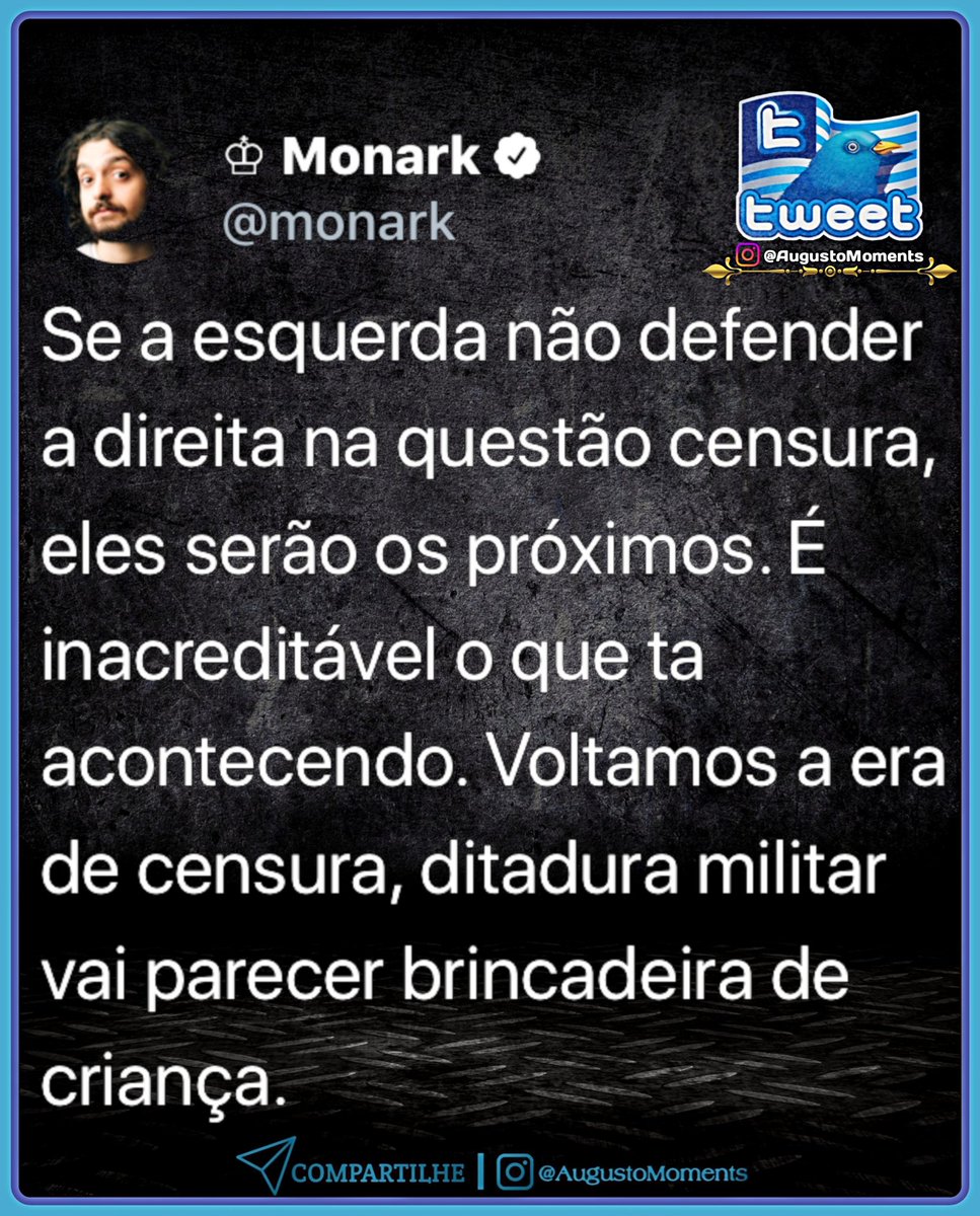AugustoMoments's tweet photo. 𖣔 Fato! 🎯🎯🎯
─ E você, também concorda com a fala do Monark❓🤔
⠀ Deixe sua Opinião abaixo nos Comentários ⬇️💬✍🏻
⠀
◆⠀◆⠀◆
⠀
Link do Post em nosso Instagram:
https://t.co/IrzFKpodpy

#Eleicoes2022 #Eleicoes2022 #SegundoTurno https://t.co/Fm1w5IfsW0