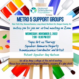 SclerodermaTS's tweet image. Join the Metro 5 support groups on November 2nd at 7 pm for "Art as Therapy"
At the end of the meeting, attendees will create a collage. Please bring colored paper/magazines,fabric, scissors & a glue stick to the meeting.
Register for the zoom at ow.ly/TIqX50Lgrmt