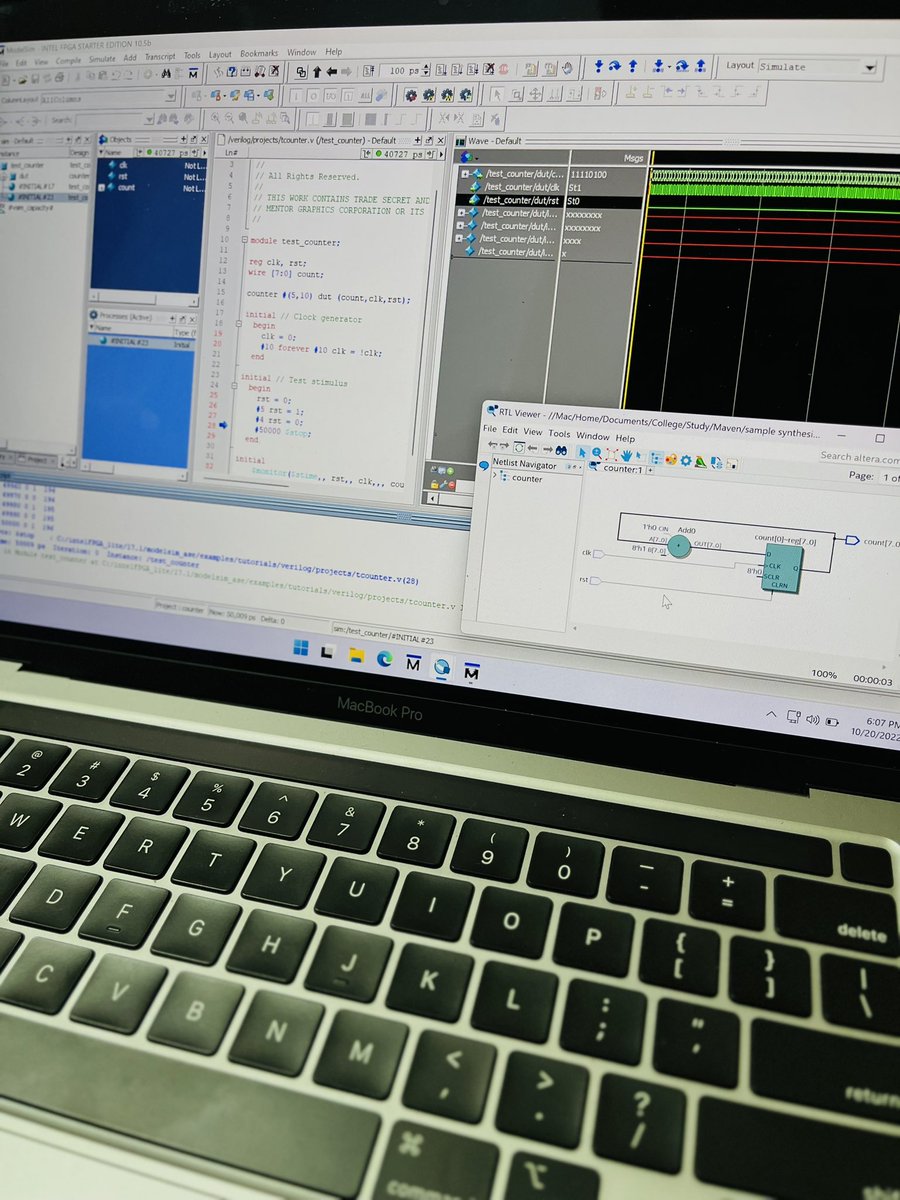 kanishk_k_u's tweet photo. Day 0️⃣0️⃣7️⃣ of #100DaysOfElectronics #45daysofvlsidesign
✅ Installed EDA tools
✅ Synthesised and simulated counter using #QuartusPrime and #ModelSim
✅ Also Adders and ALU
#Electronics #vlsi #Semiconductors #vlsidesign #electronicsengineering https://t.co/iGSZFc3F4J