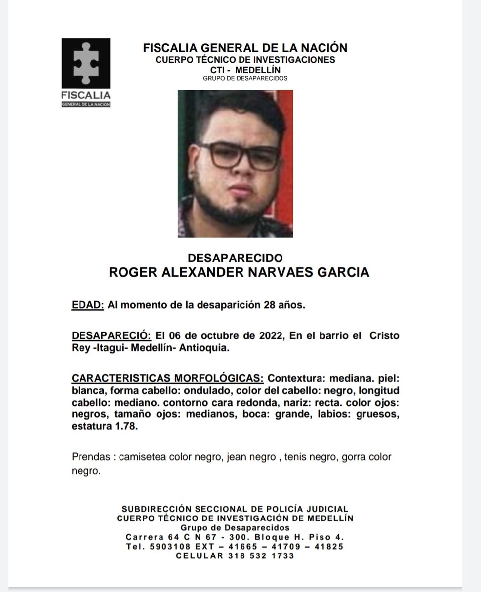 santosnarvaes's tweet photo. 15 días desaparecido.
Ayudar a difundir 🙏 
#20Oct
 @petrogustavo @FiscaliaCol @PoliciaColombia @GaulaPolicia @MinjusticiaCo @CancilleriaCol @CancilleriaVE @UNICEFColombia @unicefvenezuela @ONUHumanRights @unicefvenezuela @NicolasMaduro @ViceColombia @ViceVenezuela https://t.co/wb4KmGWtVY