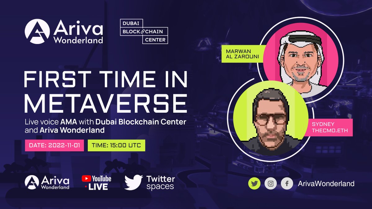 💣A first in #crypto space and #metaverse! 

Live #AMA with <a href="/drmarwan/">Marwan Alzarouni</a> The CEO of the #dubaiblockchaincenter vs @SydneyIfergan 🚀

⏰Date : November 1, 2022 - 17:00 UTC
🗺️Venue: Theater Building <a href="/ArivaWonderland/">Ariva Wonderland</a>
⬇️Download: ariva.game/download

See you in #ArivaWonderland