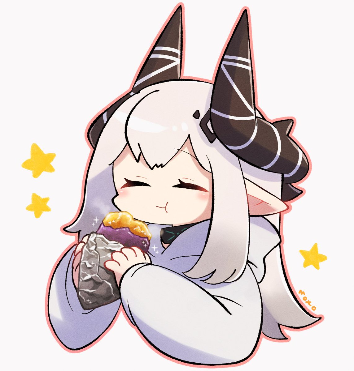 mudrock (arknights) 1girl horns solo food eating holding pointy ears  illustration images