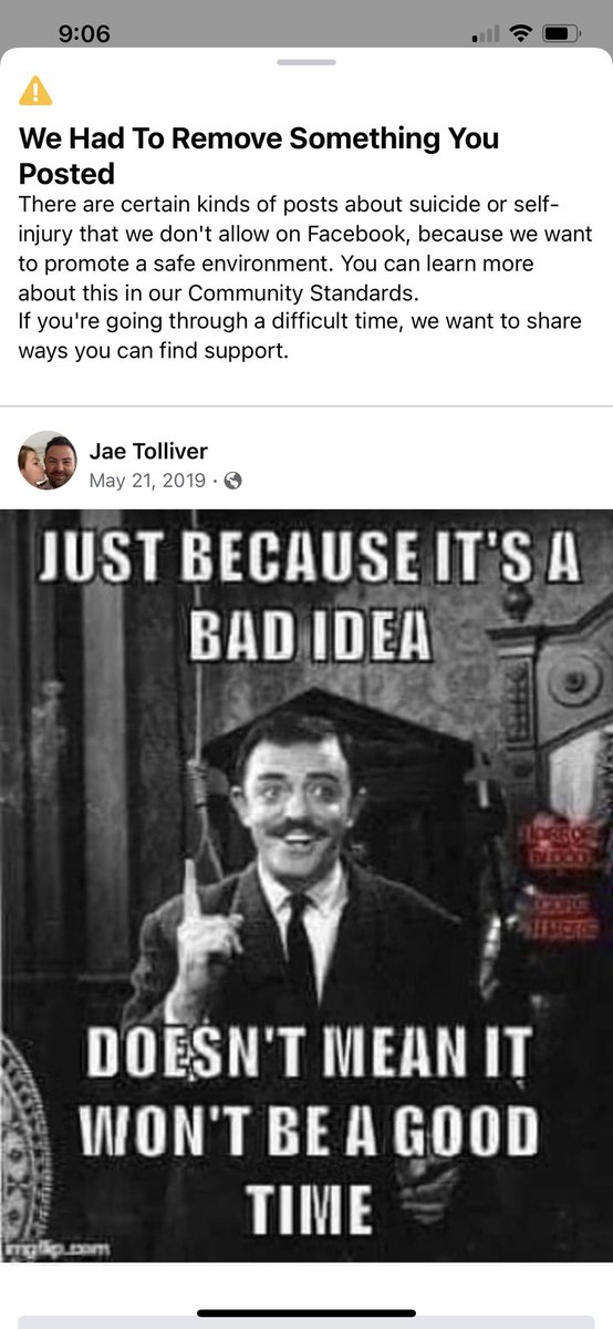 TolliverJae's tweet photo. Wow. Facebook is really watching out for us. 😂 I received this notice today regarding a post from May 2019. I’m ok, ya’ll. #facebook #juststop https://t.co/ovfWdxMcZj