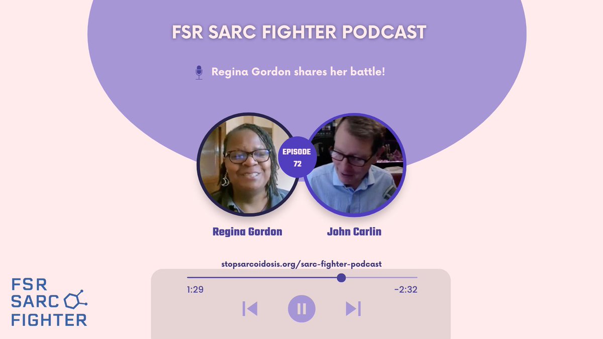 In Episode 72 of the FSR Sarc Fighter #podcast, Regina Gordon shares the story of how #sarcoidosis has curtailed her life for decades. But Regina is not willing to give up!

Listen now: loom.ly/8T4RX7U
#chronicillness #raredisease #sarctwitter #medtwitter