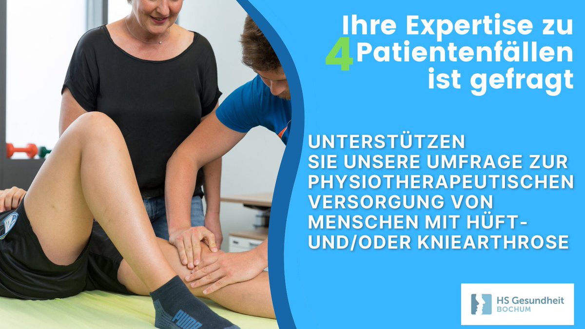 Ihre Expertise als Physio zur Behandlung von Menschen mit Arthrose ist gefragt: Welche Therapieformen würden Sie bei unseren 4 Patientenfällen wählen?  Unterstützen Sie unserer Umfrage bit.ly/3TtHCPP  &amp; leisten Sie einen wichtigen Beitrag zur Versorgung! #osteoarthritis