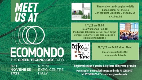 assofermet's tweet photo. #ASSOFERMET Ti aspetta @Ecomondo . Vieni a trovarci allo stand congiunto delle #Associazioni del #Riciclo @Unirima1 @Assorimap (n.42-Pad.B2) Non perdere i nostri eventi del 9 e 10 novembre @cinziamay #rottami #metalli #circulareconomy #aziende #associati https://t.co/1VJezGjuIQ