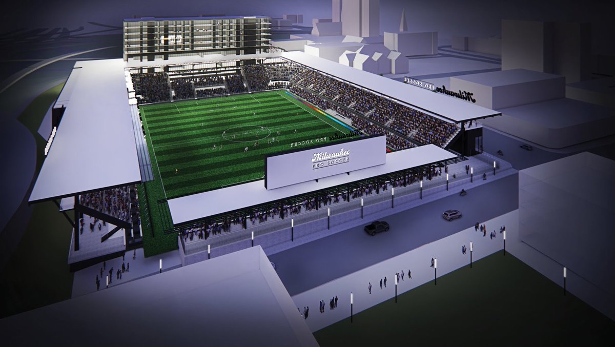 FOS's tweet photo. The USL has announced its next expansion franchise: Milwaukee.

The city has unveiled renderings of an 8,000-seat stadium district that will feature:

▪️ 3,500-seat concert venue
▪️ Residential complex
▪️ Boutique hotel
▪️ Nightlife, retail

The franchise will begin play in 2025. https://t.co/TG1P5lN30o