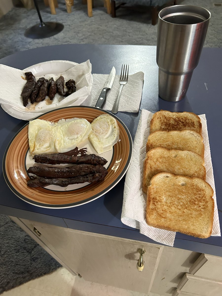 .Inside Deer Tenderloins Sliced, grilled to perfection, 3 over easy eggs, grilled toast is my Breakfast. Successful Hunt y/day. The reason why I Hunt.