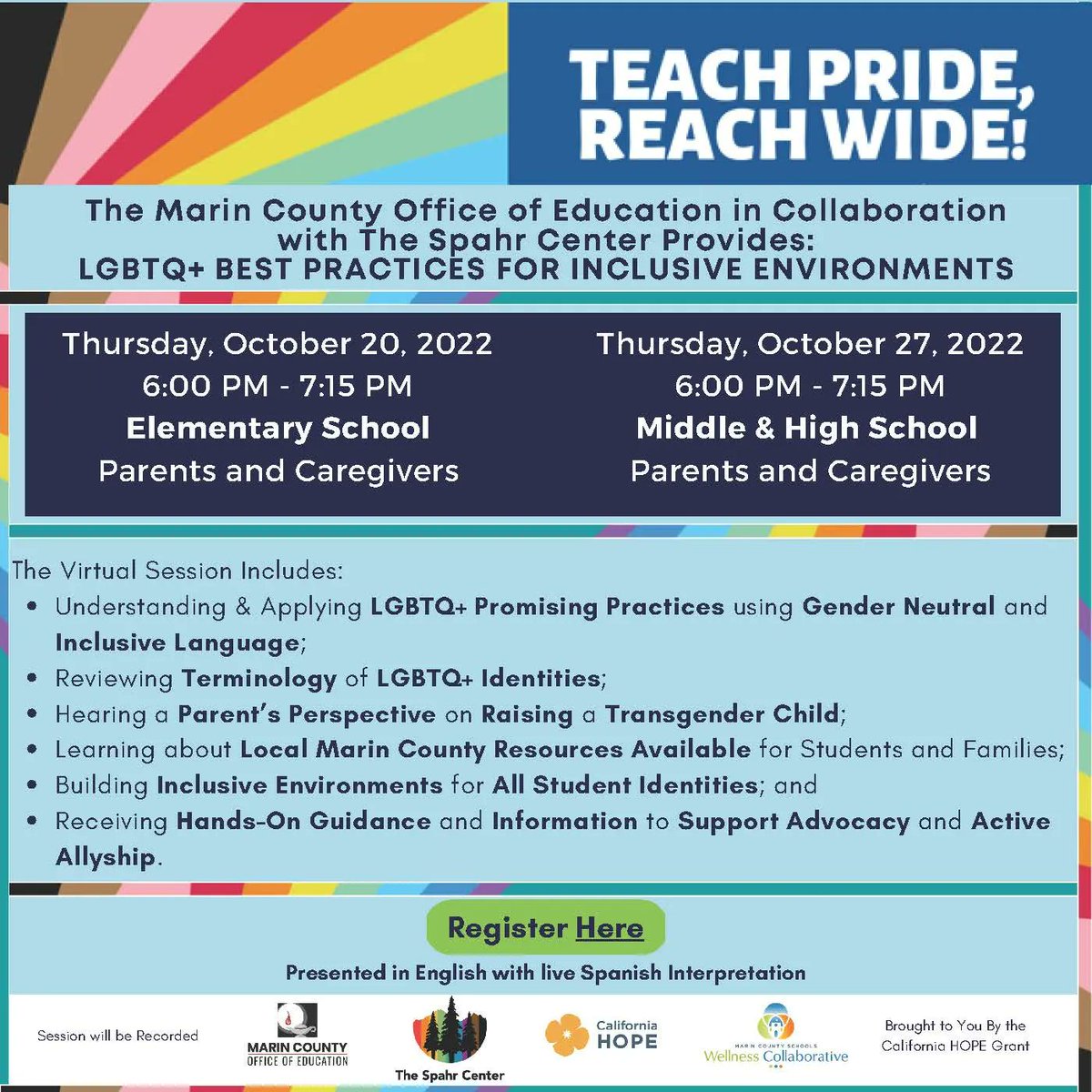 MCOEPD's tweet photo. TODAY! Parents &amp; Caregivers of TK-12 students! Join us for @TheSpahrCenter's LGBTQ+ Best Practices for Inclusive Environments webinar. Two sessions offered: 10/20 (Elementary) and 10/27 (Middle &amp; High School) | 6– 7:15PM. Registration: https://t.co/XsMGFPO1It https://t.co/yrFkI59tEb