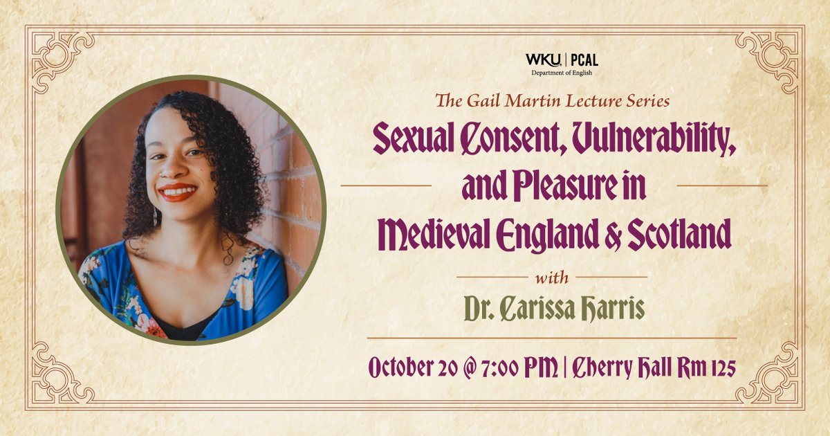 Tonight at 7:00 pm in CH 125, don't miss this lecture from Dr. Carissa Harris of Temple University! Her research includes analyzing sexual education, consent, and rape culture from the Canterbury Tales to the Access Hollywood tape.