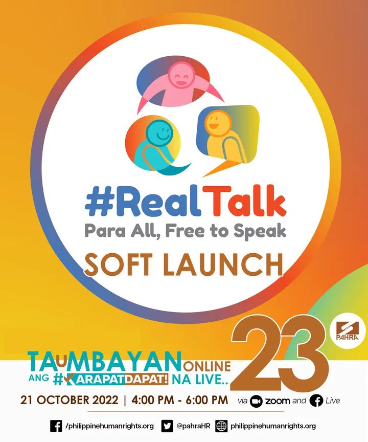 TAuMBAYAN online Episode 23 | #RealTalk Para All, Free to Speak Soft Launch

October 21 (Friday) | 4pm Live d2 sa FB Page ng PAHRA

Makiisa para sa paglulunsad ng ating kampanya papuntang #HumanRights week.