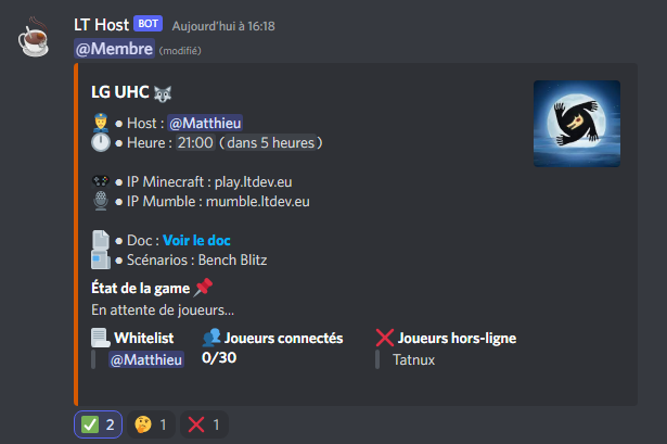 LTDevMC's tweet image. Petite exclusivité pour les personnes qui viendront nous suivre sur Twitter : actuellement nous travaillons sur un Bot Discord qui permettra d'automatiser les annonces et la whitelist des hosts !