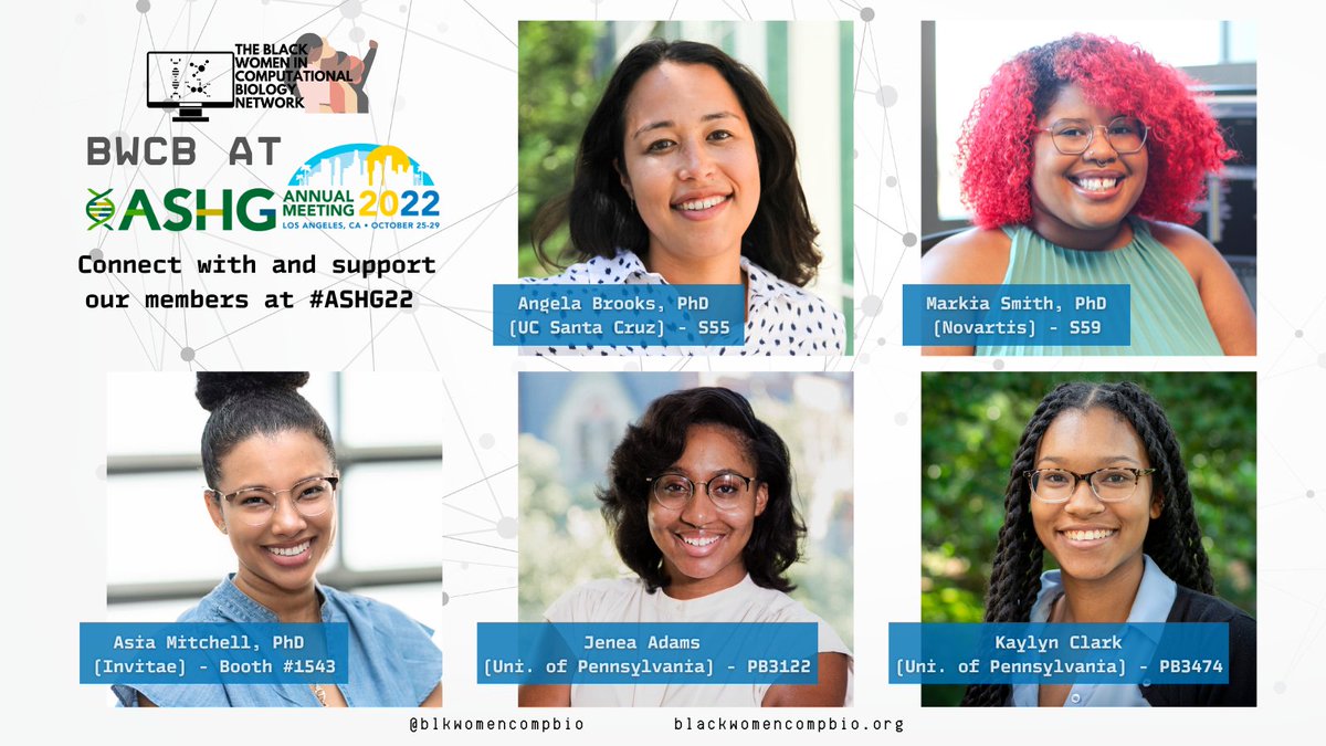 🚨Headed to #ASHG22 next week? 

🧬Be sure to support BWCB members contributing posters, panels, and booths at the <a href="/GeneticsSociety/">ASHG</a> Annual Meeting in sunny LA. 

🤝Follow for the latest info on opps. to learn more about us during the meeting. 

See you there Oct 24- 29th!