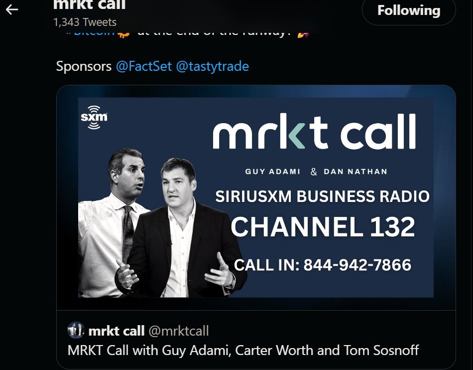 Hey Fin-tweets @mrktcall will be on-air Oct 24th noon 1hr LIVE with @GuyAdami & @RiskReversal Call in hear your $TWTR handle on Sirius-XM @SIRIUSXM $SIRI across N.America #trade @StockMKTNewz @WallStreetSilv @mommavestor @RosannaInvests @mikealfred @BJamz2022 #options @SHOPGod2