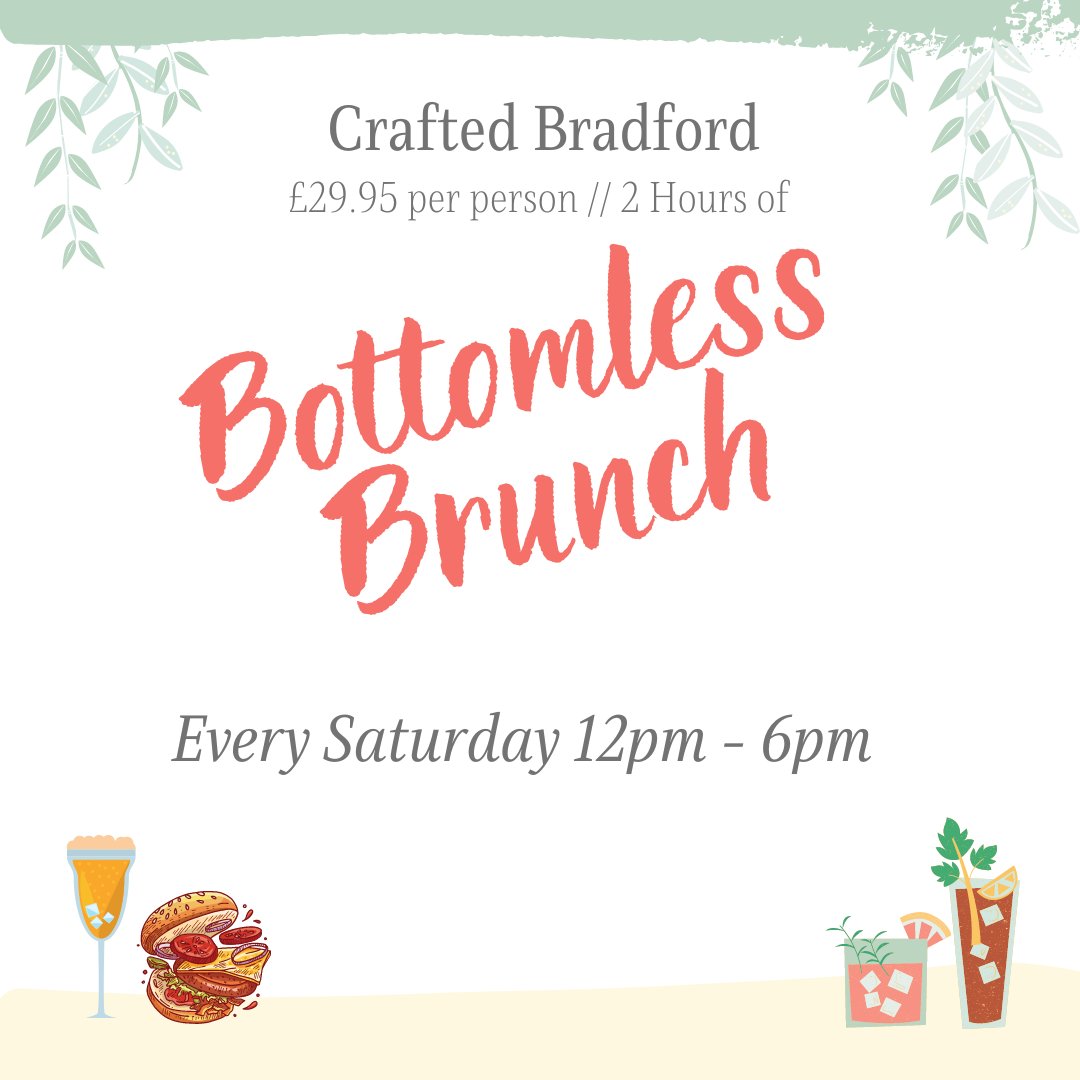 CraftedBradford's tweet photo. Bottomless Brunch is back again this Saturday  and Sundayfrom 12pm. £29.95 for 2 hours, book your place now at https://t.co/QglMRplsvD 
#bottomlessbrunch #bottomlessbrunching #bottomlessbrunchleeds #bottomless #bottomlesslunch #bottomlessmimosas #bradford https://t.co/r0gGjVKiz3