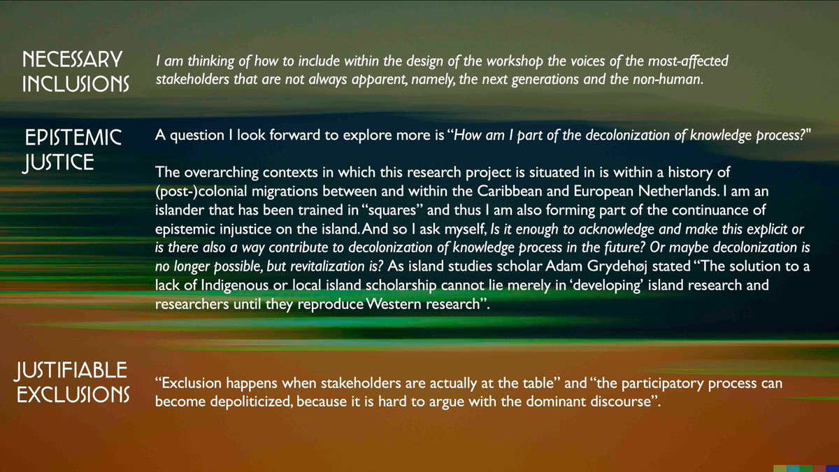 jo_chamb's tweet photo. Francielle (@AmisLacle) decided to make changes to how she researches place-based sustainability initiatives in Aruba &amp; Bonaire, related to who she includes or excludes and why that is justified; and plans to make epistemic justice &amp; decolonization more present in her approach. https://t.co/JIhdZeRIos