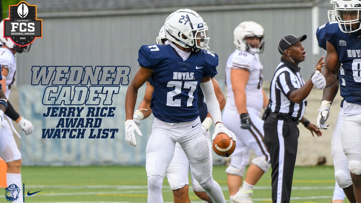 Congrats to @CadetWedner on being named to the @FCS_STATS Jerry Rice Award Watch List! 📰 | bit.ly/3TAWk7c #HOYASAXA | #DEFENDTHEDISTRICT