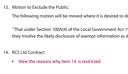 jshmellor's tweet photo. Redbridge Council is making a top-secret decision tonight about... a refuse collection contract. The topic is such a sensitive business matter that @RedbridgeLive can't tell taxpaying residents any more than 'RCS Ltd Contract'. https://t.co/PDqc74xIxq