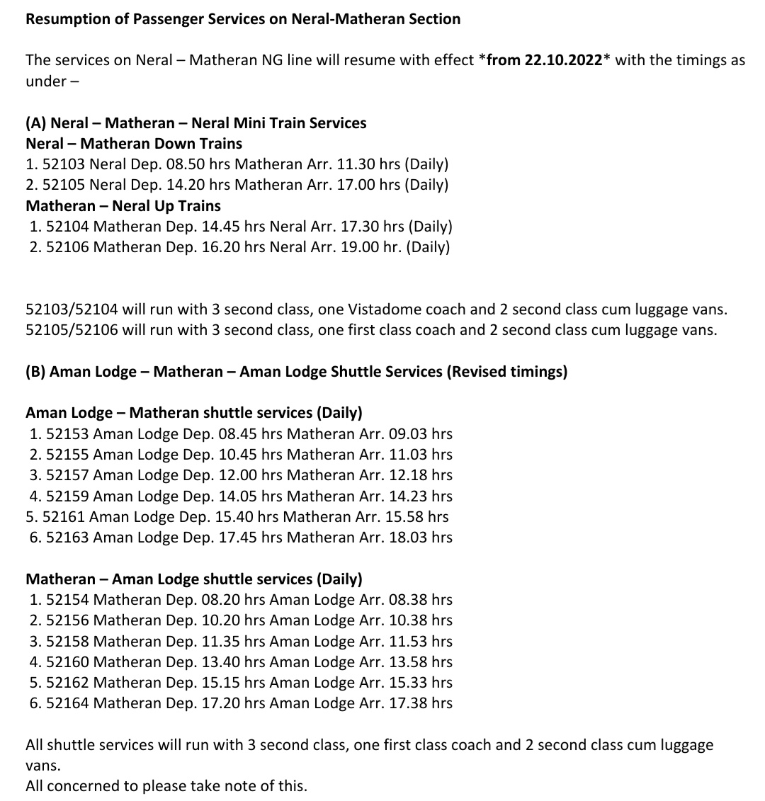 Central_Railway's tweet photo. Resumption of passenger services on Neral-Matheran section and revised timings of shuttle services from 22.10.2022. @RailMinIndia https://t.co/aISxOjgu51