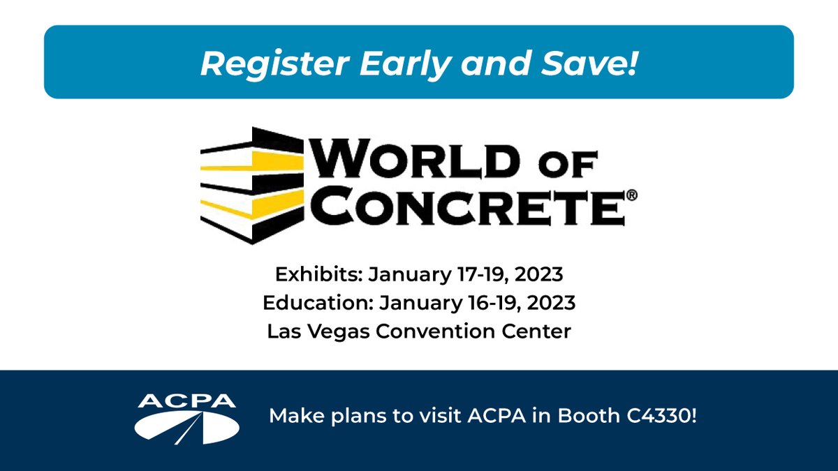 ACPAMidAtlantic's tweet photo. Registration is now open for World of Concrete 2023! Use our unique code "A14" to receive $25 Exhibits-Only admission (some exclusions apply). Rates go up after 12/12/2022, so register soon. https://t.co/R2Z3mI6K7O https://t.co/HcgA0n4gSf