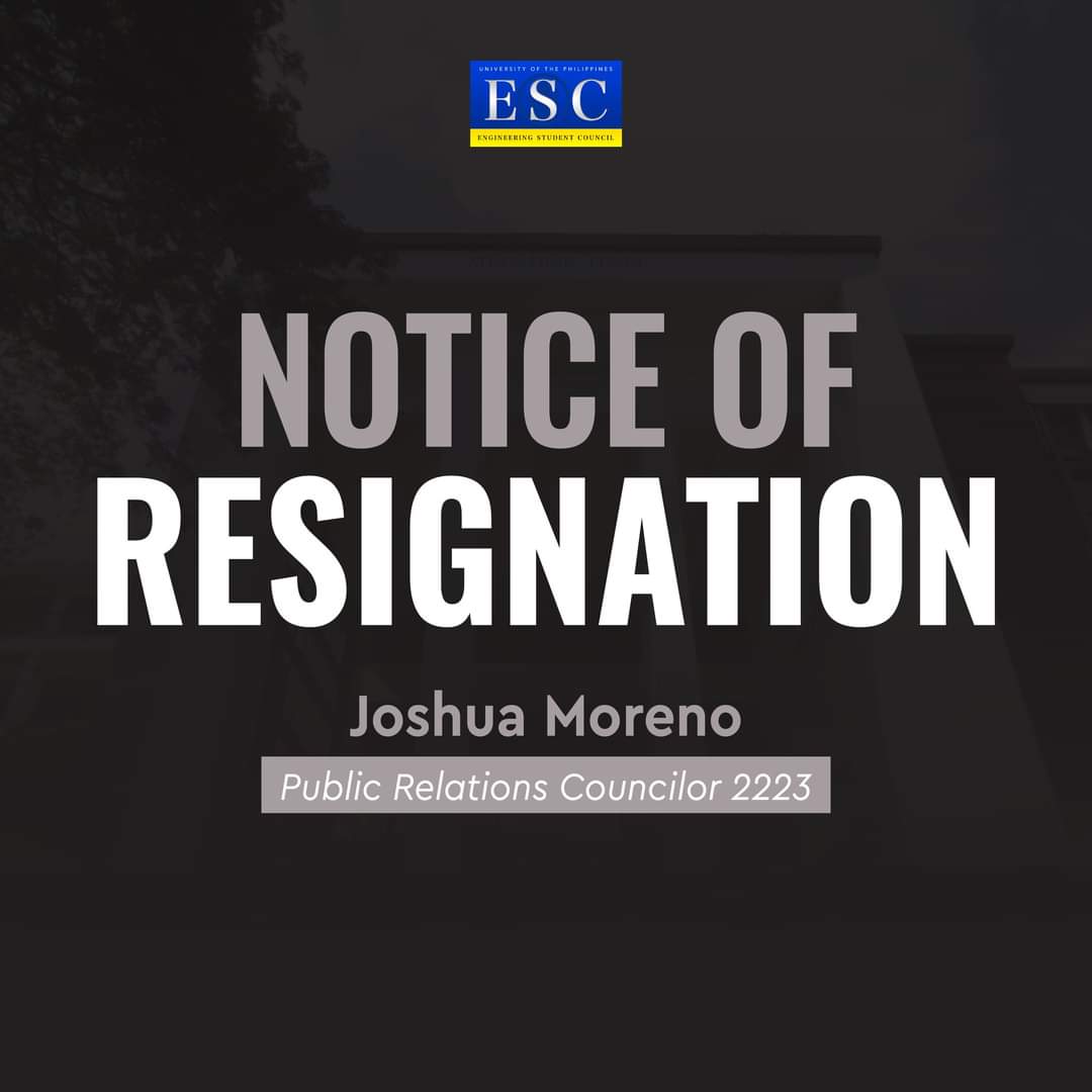 NOTICE OF RESIGNATION | October 20, 2022

Councilor Joshua Moreno has tendered his resignation from the UP Engineering Student Council.