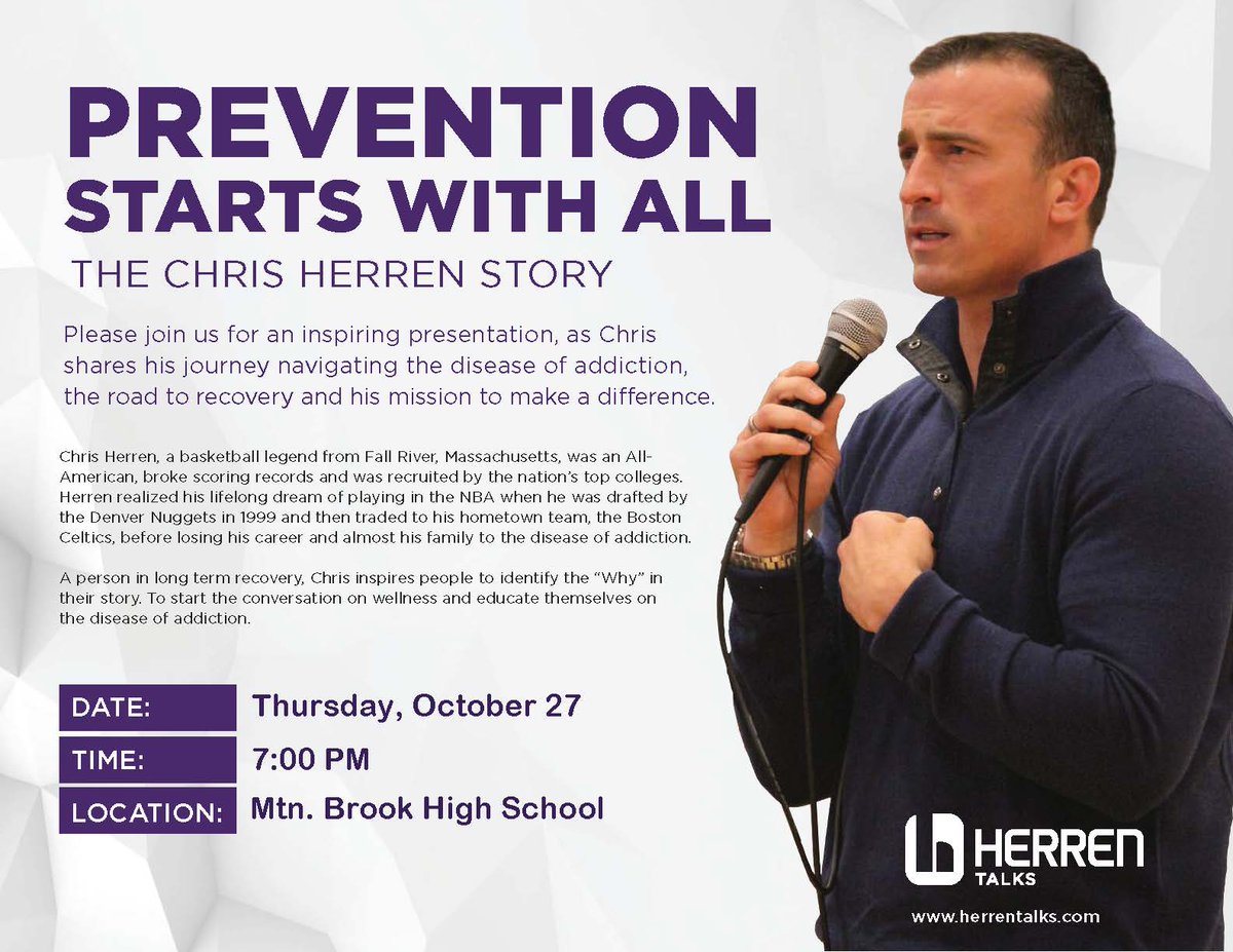 ONE WEEK AWAY - free event - Chris Herren (former NBA player) <a href="/mtnbrookhs/">Mountain Brook High School</a> 7 pm, Thursday, Oct. 27, register today #allinmtnbrook @herrentalks allinmountainbrook.org