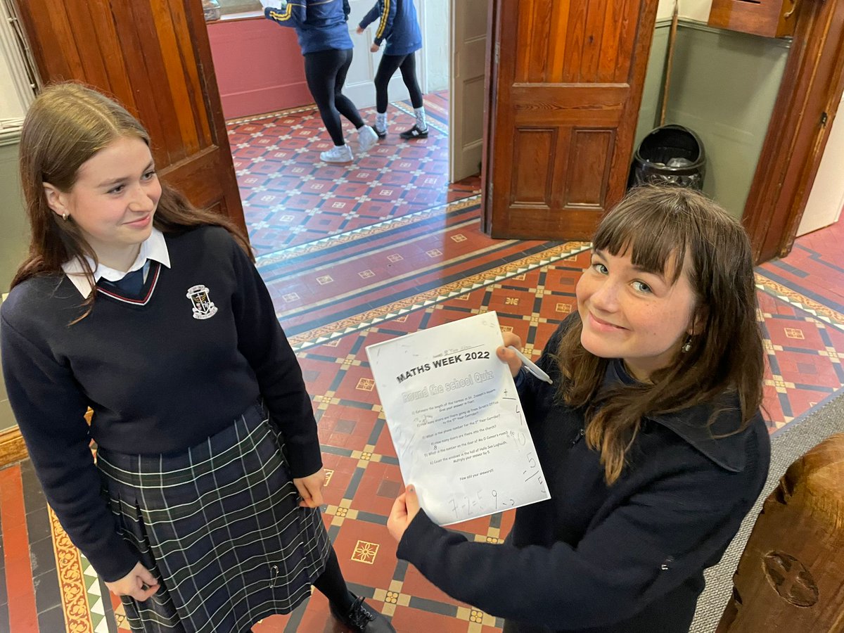 StLouisMonaghan's tweet image. This Thursday our wonderful TYs took part in an &quot;All around the school quiz&quot;, as part of Maths Week. The girls had a lot of fun using their Maths skills to search all around the school for the answers. 😁
#slssmonaghan
#mathsweek2022 
@lecheiletrust1 
@theNSMonaghan