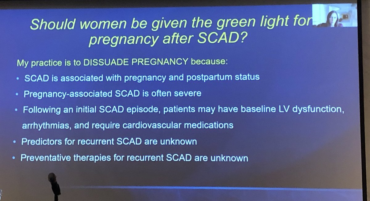 Absolutely wonderful talk by @marysia_tweet on #SCAD and pregnancy at #CPP2022. Risk of recurrence probably around 10%. Very careful preconception assessment required. Are we too encouraging of pregnancy in these women?