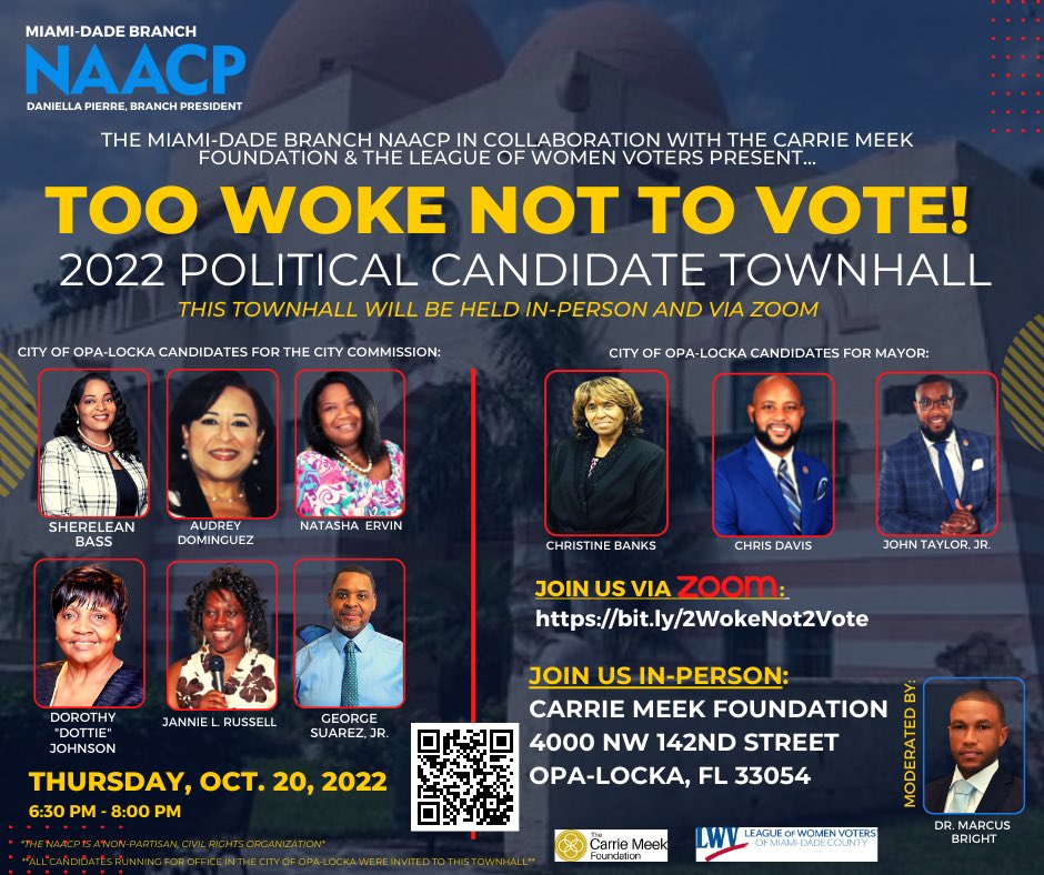 TONIGHT: Meet the residents running for Opa-locka mayor and city commission at <a href="/miami_naacp/">NAACP Miami-Dade Branch</a>’s candidate town hall. 

Join in-person, 6:30 at <a href="/carriemeekfndn/">The Carrie Meek Foundation</a> or on Zoom. ✅ #ElectionReady