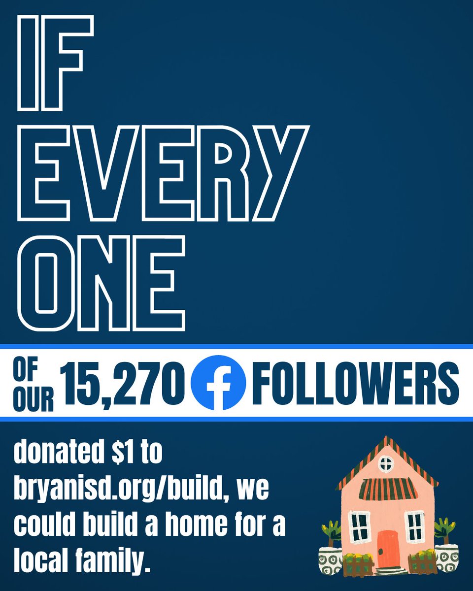 This is Twitter, but Did You Know: If every one of our 15,270 FB Followers donated $1 to bryanisd.org/build, we could build a <a href="/habitatbcs/">BCS Habitat for Humanity</a>  for a local family.

(Because every $1 up to $40,000 is matched by the family of Ruth Clearfield.)

#BryanISDBuild