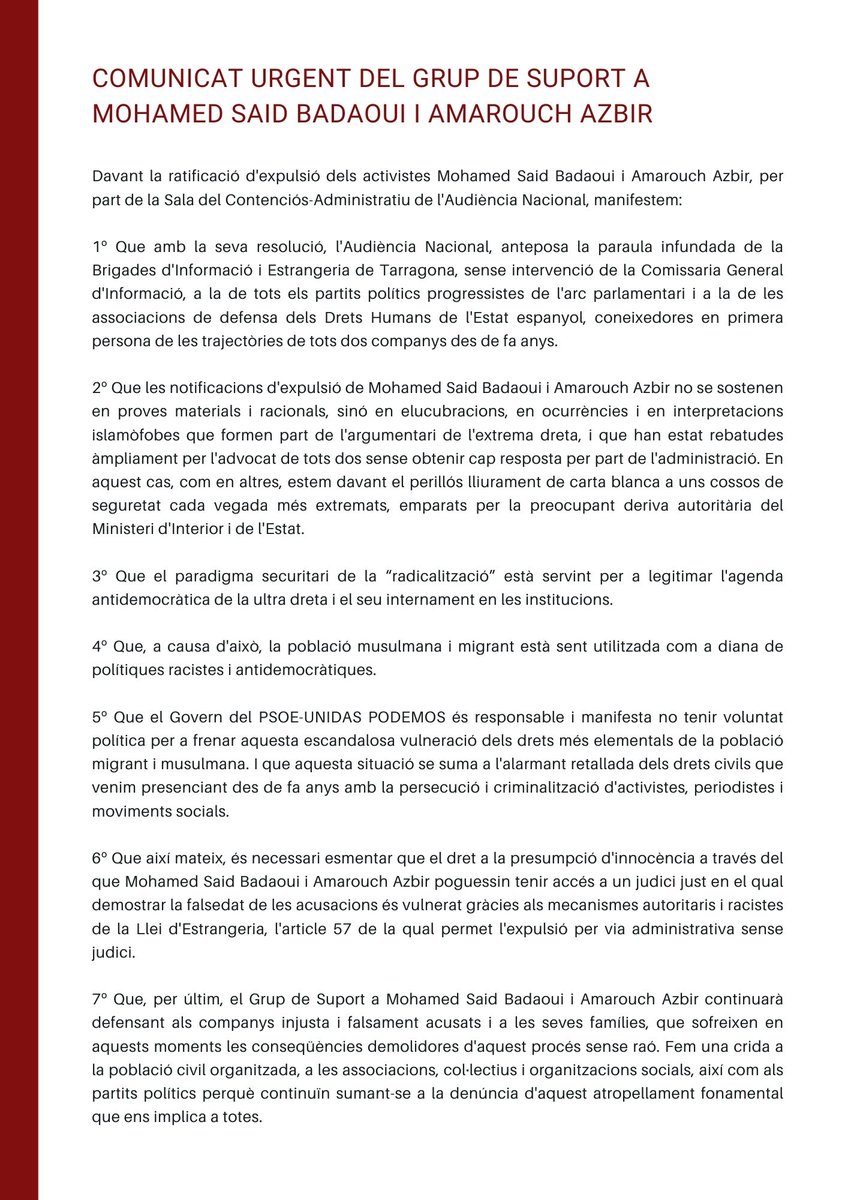 Comunicat del grup de suport a Mohamed Said Badaqui i Amarouch Azbir.

Contra el #RacismeInstitucional, comparteix i difon!