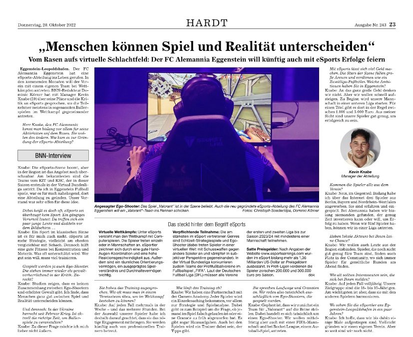 💛🖤
Wir sind in der Zeitung! 🗞️

Unser Haupt-Verantwortliche Kevin Knabe hat Rede und Antwort gestanden für die BNN. Schön zu sehen dass esport auch hier regional schnell anerkannt wird 💪🏼

Für jeden RT gibts nen Keks aufs Haus 🖤💛
