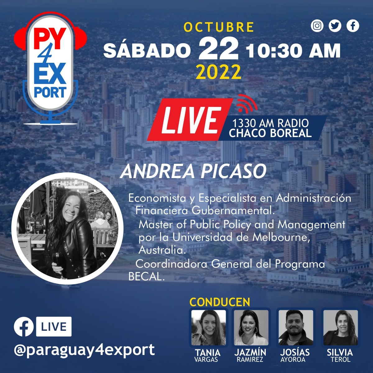 paraguay4export's tweet photo. ¡Este sábado 22 de Octubre en  #Paraguay4Export! 🇵🇾 ✈️🌎💯 

¡Nos acompañará @AndreaMPicaso ! 😎👍 
Acompañanos desde las 10:30 horas por Facebook Live 👉 https://t.co/zsc4ZCknQy y @1330am🇵🇾🎙️ https://t.co/ug5NixmL5L
