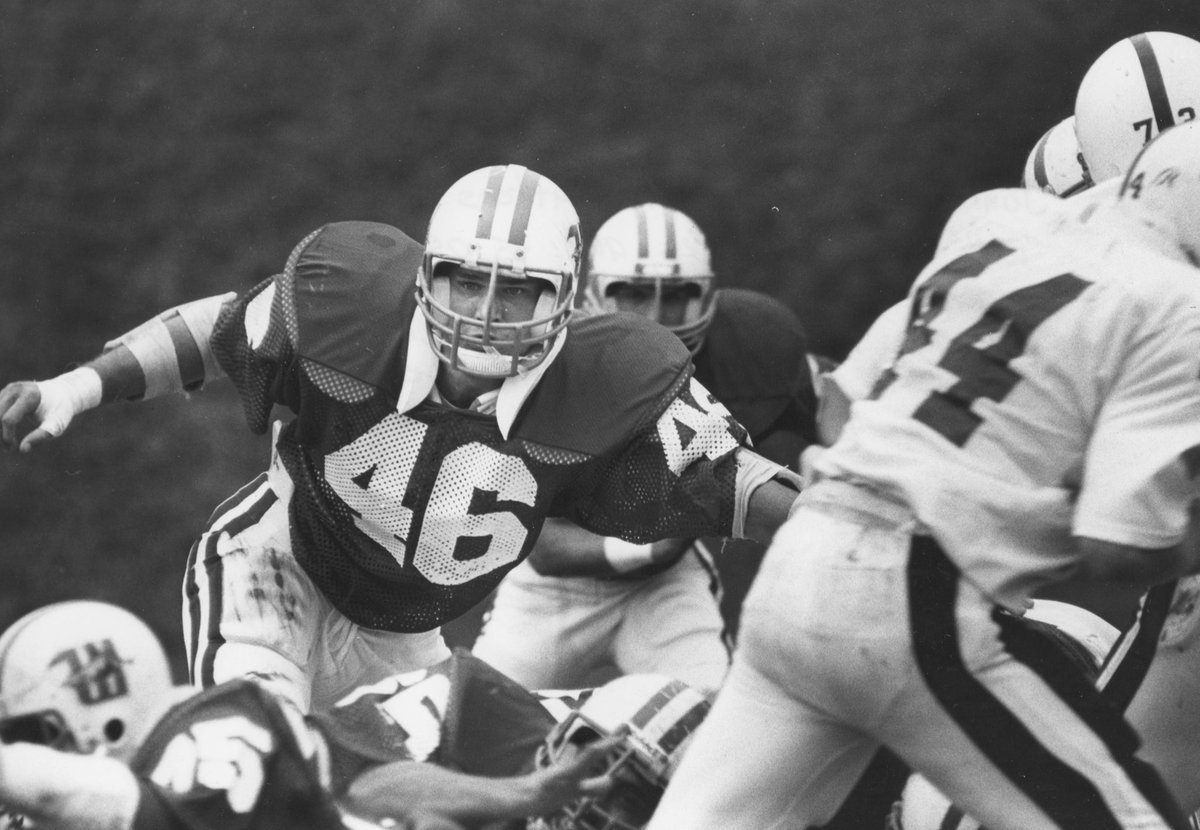 WittFootball's tweet photo. #tbt to Scott “Muddy” Watters. The two-time team MVP holds the Wittenberg program record for single-season tackles (164) set in 1986 and career tackles (472). The ‘87 alumnus was inducted into the Wittenberg Hall of Honor in 2004. 

#TigerUp 
#Wittenberg
#ThrowbackThursday https://t.co/Py6QiZjL9r