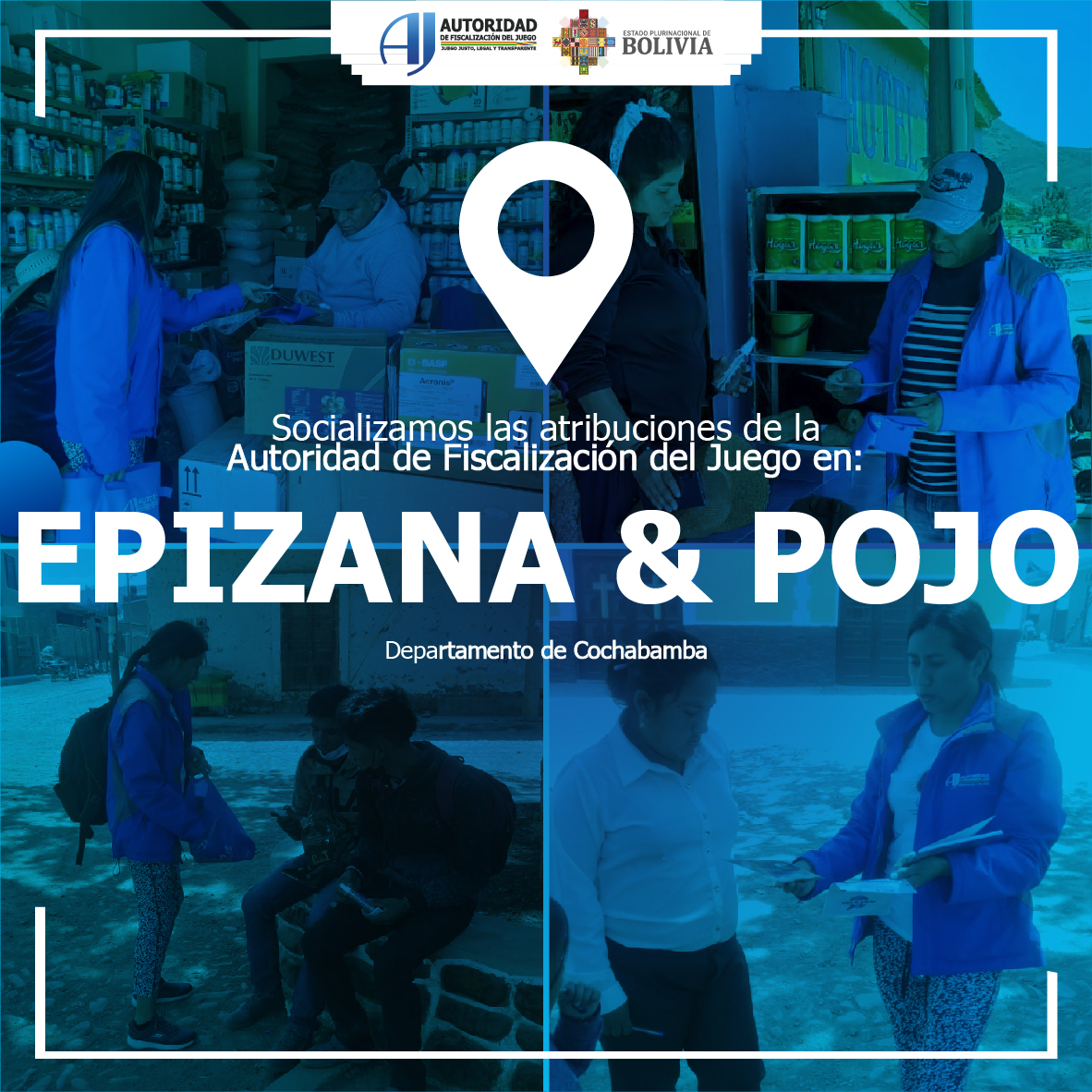 ajcomunica's tweet photo. #Socialización | Llegamos a los municipios de #Epizana y #Pojo en el departamento de #Cochabamba, para informar nuestras atribuciones con la población ¿Sospechas de actividades de juego ilegales? Puedes hacer tu denuncia de forma anónima a través de nuestros medios oficiales. https://t.co/9Q9gmsqtXU