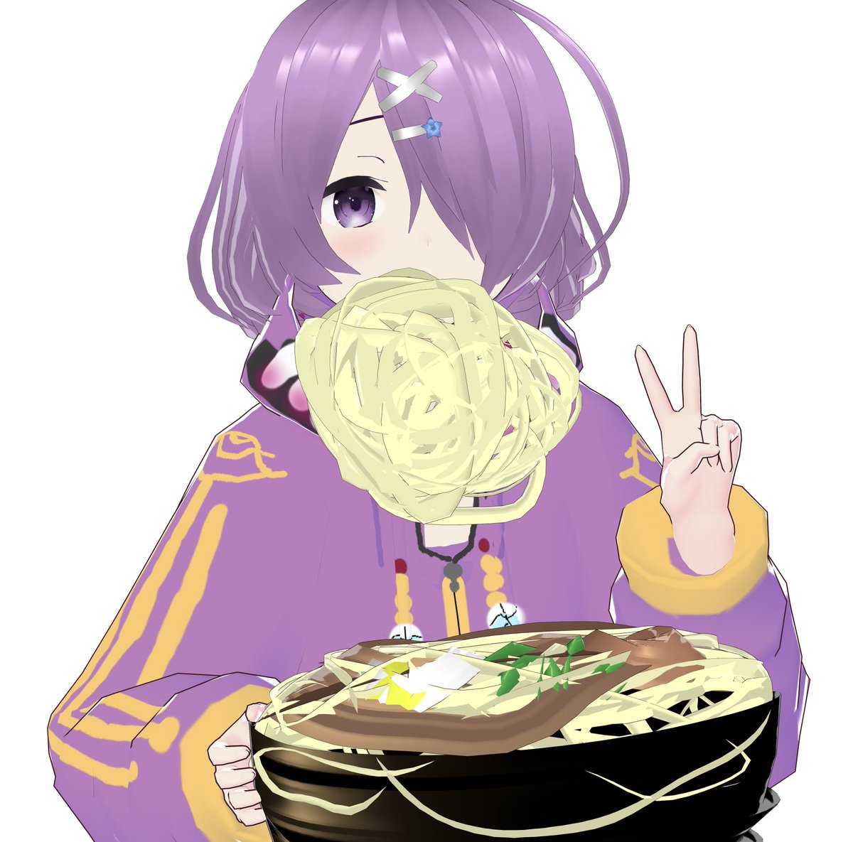 1girl purple hair purple eyes noodles hair ornament hair over one eye solo  illustration images