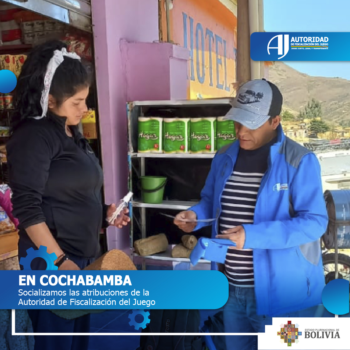 ajcomunica's tweet photo. #Socialización | Llegamos a los municipios de #Epizana y #Pojo en el departamento de #Cochabamba, para informar nuestras atribuciones con la población ¿Sospechas de actividades de juego ilegales? Puedes hacer tu denuncia de forma anónima a través de nuestros medios oficiales. https://t.co/9Q9gmsqtXU