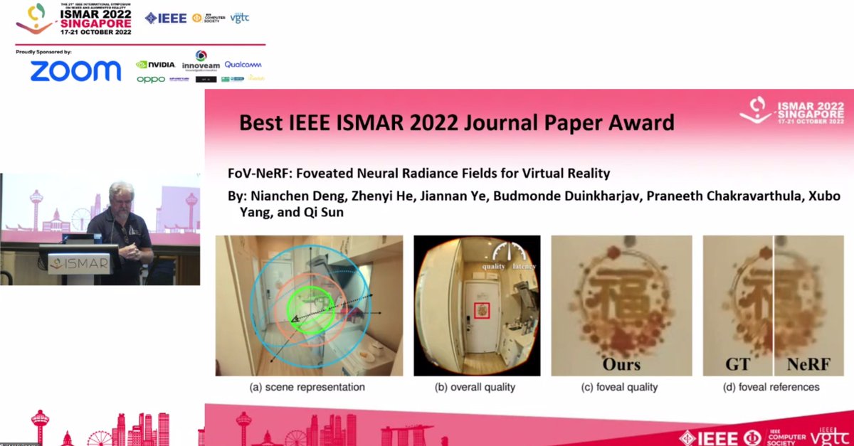 Our research received another Best Paper Award this year at #ISMAR2022! We introduce and leverage human visual perception to enable neural rendering #NeRF to the challenging #VR/#AR displays requiring high resolution/FPS in stereo. It is also open source! immersivecomputinglab.org/publication/fo…