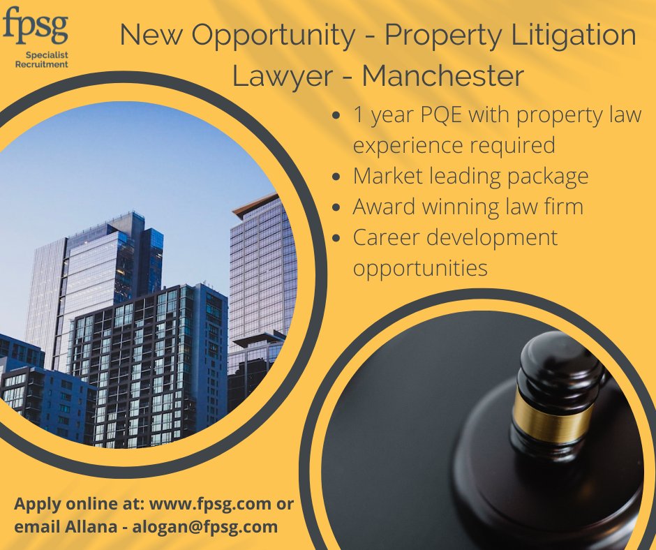 We have an exciting opportunity for a #propertylitigation lawyer based in #manchester.
You will work for an award winning law firm with a market leading package available and career development opportunities. Visit our website fpsg.com or email alogan@fpsg.com