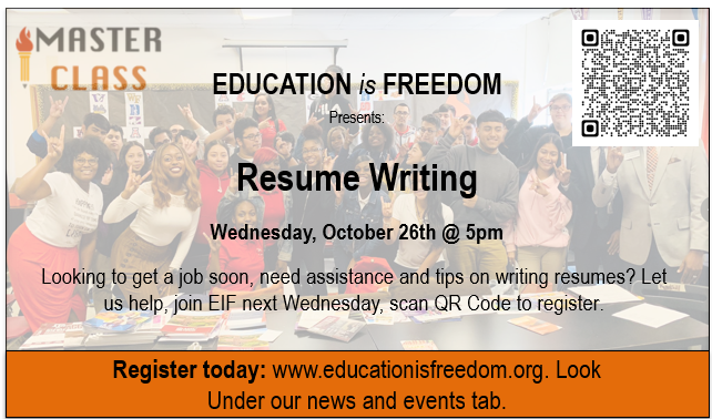 EIF_Pinkston's tweet photo. Looking to get a job soon, and need assistance and tips on writing resumes? Join EIF on 10/26 at 5pm. 
Register​ @ https://t.co/BLCh5Oq5mc https://t.co/A13otrIkNL